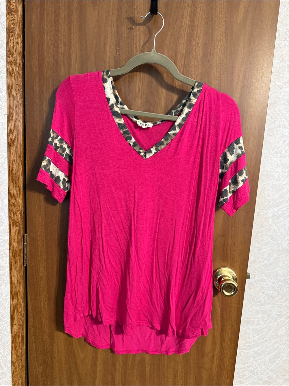 BiBi Hot Pink V-Neck Top with Leopard Trim